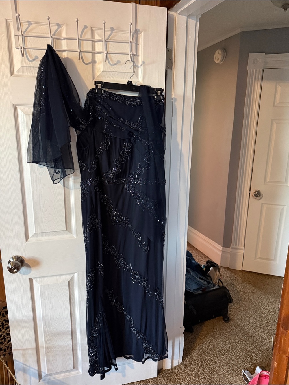 Elegant Navy Beaded Formal Dress with Matching Scarf